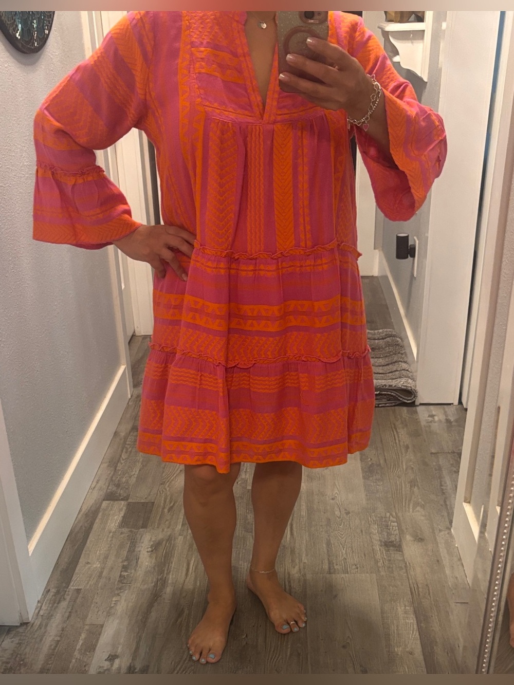 THML Neon Pink Orange Geometric Tiered Mini Dress Devotion Twins Ella Style L